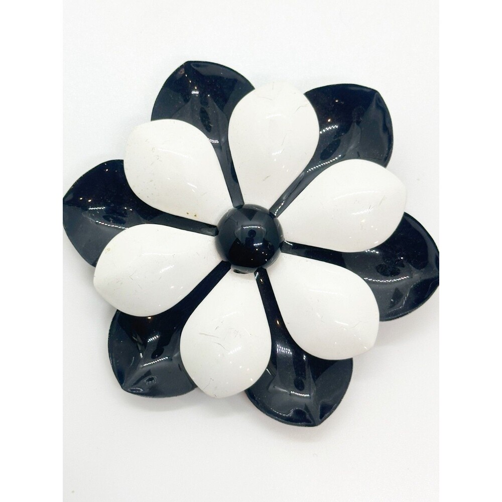 Vintage Black White Enamel Flower Brooch Metal Mod Floral Pin 50s 60s Large